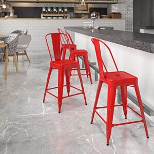 emma + oliver commercial grade 24″ h red metal indoor-outdoor counter height stool w/ back