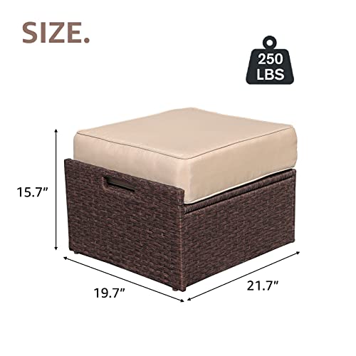 Super Patio Outdoor Ottoman, 2 Piece All Weather Wicker Rattan Patio Ottoman Set with Thick Cushion, Extra Large Outdoor Footstool Footrest (Espresso Brown)