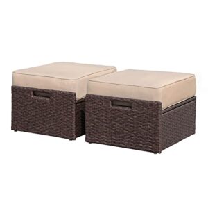 super patio outdoor ottoman, 2 piece all weather wicker rattan patio ottoman set with thick cushion, extra large outdoor footstool footrest (espresso brown)
