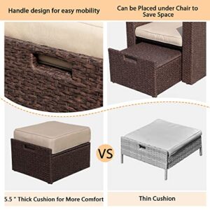 Super Patio Outdoor Ottoman, 2 Piece All Weather Wicker Rattan Patio Ottoman Set with Thick Cushion, Extra Large Outdoor Footstool Footrest (Espresso Brown)