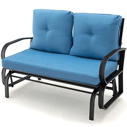 Tangkula 2-Person Outdoor Glider Bench, Swing Seat Bench with Seat & Back Cushions, Sturdy Rustproof Steel Frame, Smooth & Gentle Gliding Motion, Patio Rocking Loveseat for Backyard, Porch (Blue)