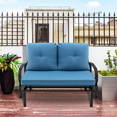 Tangkula 2-Person Outdoor Glider Bench, Swing Seat Bench with Seat & Back Cushions, Sturdy Rustproof Steel Frame, Smooth & Gentle Gliding Motion, Patio Rocking Loveseat for Backyard, Porch (Blue)