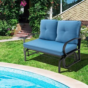 Tangkula 2-Person Outdoor Glider Bench, Swing Seat Bench with Seat & Back Cushions, Sturdy Rustproof Steel Frame, Smooth & Gentle Gliding Motion, Patio Rocking Loveseat for Backyard, Porch (Blue)