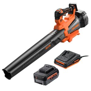 fiilpow 20v 450cfm cordless leaf blower, variable speed & turbo mode and lock dial, handheld brushless blower with 4.0ah battery & charger, lightweight for lawn care/yard cleaning/jobsit