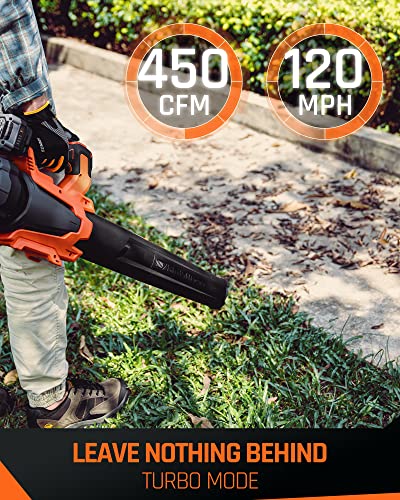 FIILPOW 20V 450CFM Cordless Leaf Blower, Variable Speed & Turbo Mode and Lock Dial, Handheld Brushless Blower with 4.0Ah Battery & Charger, Lightweight for Lawn Care/Yard Cleaning/Jobsit