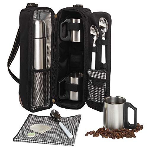 Picnic at Ascot Travel Coffee Tote for 2 Including Stainless Vacuum Flask, Cups, Creamer and Teaspoons- Designed & Assembled in the USA