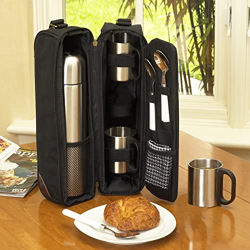 Picnic at Ascot Travel Coffee Tote for 2 Including Stainless Vacuum Flask, Cups, Creamer and Teaspoons- Designed & Assembled in the USA