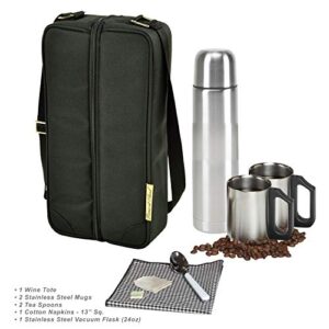 Picnic at Ascot Travel Coffee Tote for 2 Including Stainless Vacuum Flask, Cups, Creamer and Teaspoons- Designed & Assembled in the USA