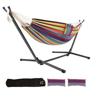 oncloud double hammock with stand 9 ft space saving, hammock stands heavy duty includes portable carrying case two pillows for outdoor or indoor (rainbow)