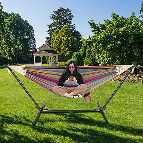 ONCLOUD Double Hammock with Stand 9 FT Space Saving, Hammock Stands Heavy Duty Includes Portable Carrying Case Two Pillows for Outdoor or Indoor (Rainbow)