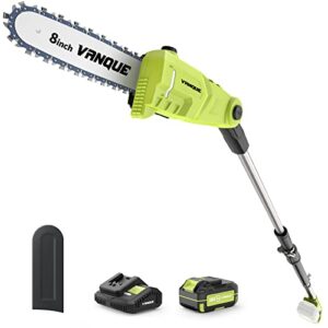vanque 20v cordless pole saw, 15-foot max reach pole saws for tree trimming, battery pole saw for branch cutting, trimming, pruning, adjustable head & 8-inch bar and chain, 4.0ah li-ion battery