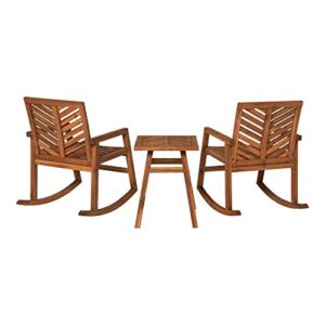 Walker Edison AZOWVINRCBR-3 Antigua Modern 3 Piece Chevron Solid Acacia Wood Outdoor Rocking Chair Set, Brown