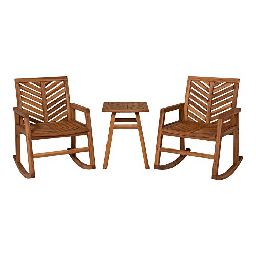 Walker Edison AZOWVINRCBR-3 Antigua Modern 3 Piece Chevron Solid Acacia Wood Outdoor Rocking Chair Set, Brown