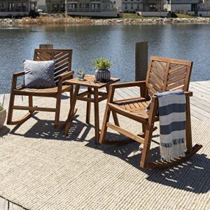 Walker Edison AZOWVINRCBR-3 Antigua Modern 3 Piece Chevron Solid Acacia Wood Outdoor Rocking Chair Set, Brown