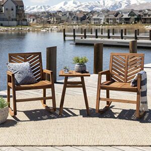 Walker Edison AZOWVINRCBR-3 Antigua Modern 3 Piece Chevron Solid Acacia Wood Outdoor Rocking Chair Set, Brown