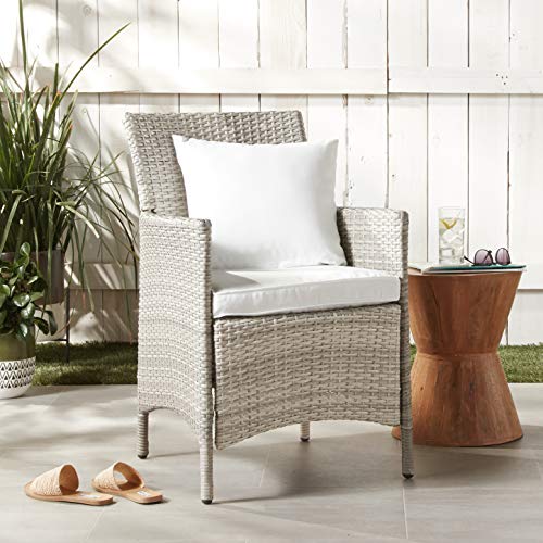 Modway Conduit Wicker Rattan Outdoor Patio Dining Arm Chair with Cushion in Light Gray White