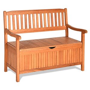 happygrill outdoor storage bench wooden deck box with removable dustproof liner, 33 gal wood storage loveseat seating furniture for courtyard garden poolside