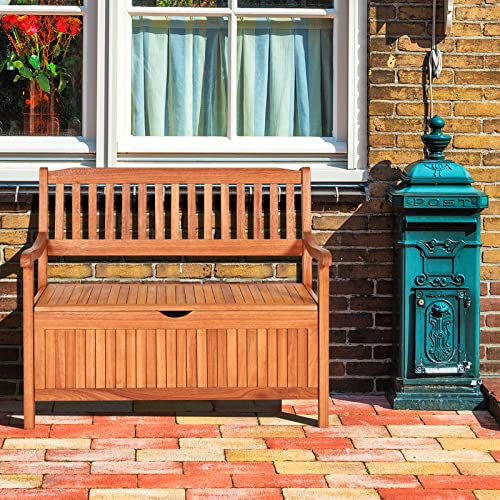 HAPPYGRILL Outdoor Storage Bench Wooden Deck Box with Removable Dustproof Liner, 33 Gal Wood Storage Loveseat Seating Furniture for Courtyard Garden Poolside