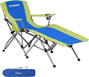 fundango folding camping lounge chair with footrest, ergonomic reclining outdoor chaise foldable in bag with cup holder armrest for park, garden, indoor, beach, patio, lawn, blue/green
