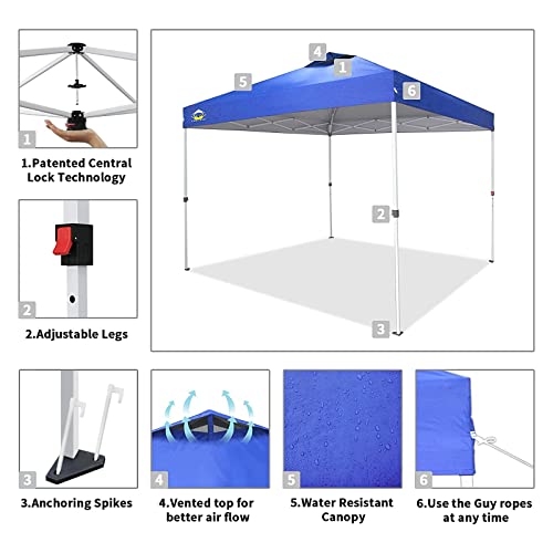 CROWN SHADES 10x10 Pop Up Canopy, Patented One Push Tent Canopy, Newly Designed Storage Bag, 8 Stakes, 4 Ropes, Blue