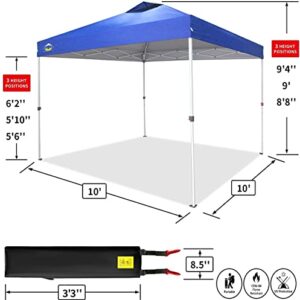 CROWN SHADES 10x10 Pop Up Canopy, Patented One Push Tent Canopy, Newly Designed Storage Bag, 8 Stakes, 4 Ropes, Blue