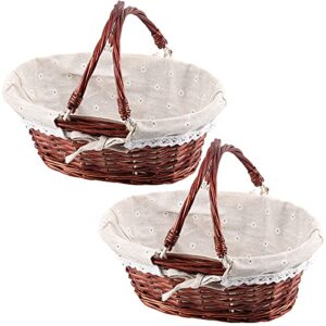2 pack brown wicker woven bread basket with handle, oval willow woven basket with cotton cloth lining1