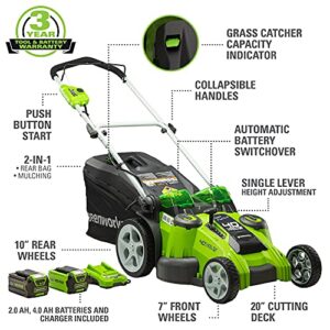 Greenworks 40V 20-Inch Cordless (2-In-1) Push Lawn Mower, 4.0Ah + 2.0Ah Battery and Charger Included 25302