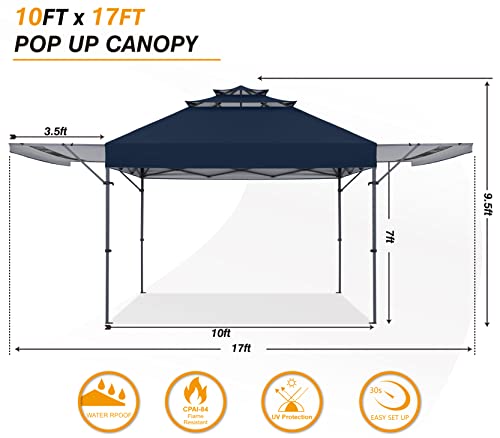 COOSHADE 10x17 Instant Canopy Tent 3-Tier Pop Up Canopy with Ventilation and Adjustable Dual Half Awnings(Navy Blue)