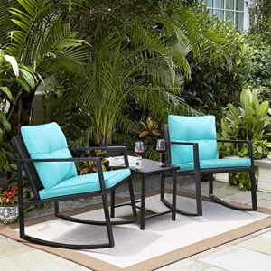 greesum 3 pieces rocking wicker bistro set, patio outdoor furniture conversation sets with porch chairs and glass coffee table, blue