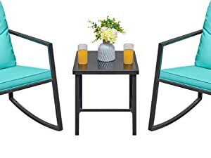 Greesum 3 Pieces Rocking Wicker Bistro Set, Patio Outdoor Furniture Conversation Sets with Porch Chairs and Glass Coffee Table, Blue