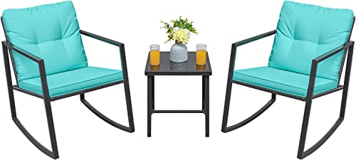 Greesum 3 Pieces Rocking Wicker Bistro Set, Patio Outdoor Furniture Conversation Sets with Porch Chairs and Glass Coffee Table, Blue