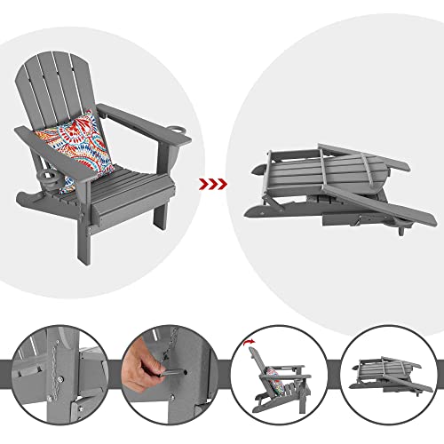 Sundale Outdoor Folding All Weather Heavy Duty Adirondack Chair with 2 Concealable Cup Holder and 1 Stylish Pillow/Cushion, Perfect for Outside Patio Garden Pool Yard Plastic Smoky Grey