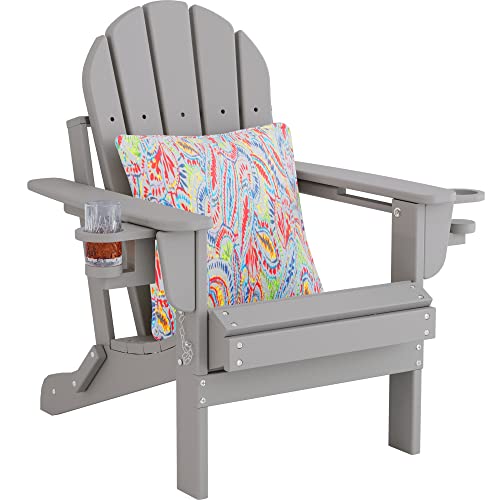 Sundale Outdoor Folding All Weather Heavy Duty Adirondack Chair with 2 Concealable Cup Holder and 1 Stylish Pillow/Cushion, Perfect for Outside Patio Garden Pool Yard Plastic Smoky Grey