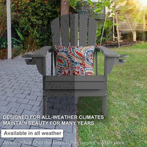 Sundale Outdoor Folding All Weather Heavy Duty Adirondack Chair with 2 Concealable Cup Holder and 1 Stylish Pillow/Cushion, Perfect for Outside Patio Garden Pool Yard Plastic Smoky Grey