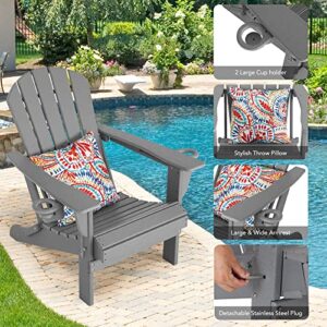 Sundale Outdoor Folding All Weather Heavy Duty Adirondack Chair with 2 Concealable Cup Holder and 1 Stylish Pillow/Cushion, Perfect for Outside Patio Garden Pool Yard Plastic Smoky Grey