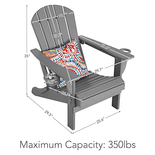 Sundale Outdoor Folding All Weather Heavy Duty Adirondack Chair with 2 Concealable Cup Holder and 1 Stylish Pillow/Cushion, Perfect for Outside Patio Garden Pool Yard Plastic Smoky Grey