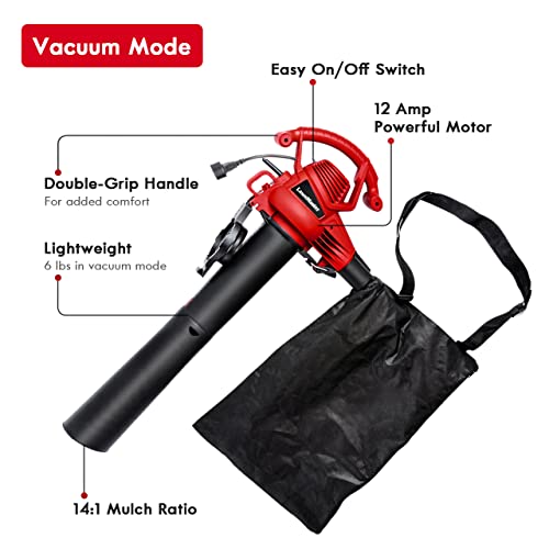 LawnMaster Red Edition BV1210 1201 Electric Blower Vacuum Mulcher 12 Amp 2-Speed Adjustment with Metal Impeller 240 MPH 380 CFM 14:1 Mulch Ratio