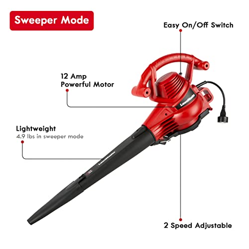 LawnMaster Red Edition BV1210 1201 Electric Blower Vacuum Mulcher 12 Amp 2-Speed Adjustment with Metal Impeller 240 MPH 380 CFM 14:1 Mulch Ratio