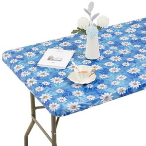 vinyl elastic tablecloth for 6 ft rectangle table, fitted table cover with flannel backing, 30” x 72” waterproof plastic table cloth with daisy floral pattern, for outdoor picnics dining holiday