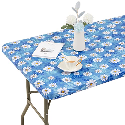 Vinyl Elastic Tablecloth for 6 ft Rectangle Table, Fitted Table Cover with Flannel Backing, 30'' x 72'' Waterproof Plastic Table Cloth with Daisy Floral Pattern, for Outdoor Picnics Dining Holiday