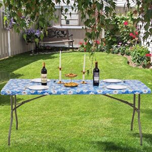 Vinyl Elastic Tablecloth for 6 ft Rectangle Table, Fitted Table Cover with Flannel Backing, 30'' x 72'' Waterproof Plastic Table Cloth with Daisy Floral Pattern, for Outdoor Picnics Dining Holiday