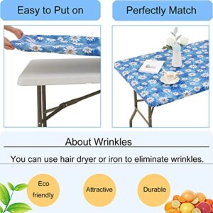 Vinyl Elastic Tablecloth for 6 ft Rectangle Table, Fitted Table Cover with Flannel Backing, 30'' x 72'' Waterproof Plastic Table Cloth with Daisy Floral Pattern, for Outdoor Picnics Dining Holiday
