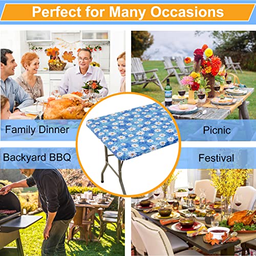 Vinyl Elastic Tablecloth for 6 ft Rectangle Table, Fitted Table Cover with Flannel Backing, 30'' x 72'' Waterproof Plastic Table Cloth with Daisy Floral Pattern, for Outdoor Picnics Dining Holiday