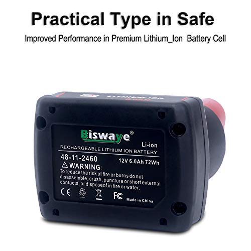 Biswaye 2-Pack 12V Lithium Battery 6.0Ah Compatible with Milwaukee M12 12V Lithium XC Extended Battery 48-11-2460 48-11-2440 48-11-2420 48-11-2411 48-11-2401 48-11-2430 48-11-2412