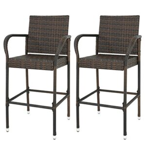 lemy outdoor brown wicker rattan bar stool all-weather patio furniture chair set with armrest and footrest (set of 2)