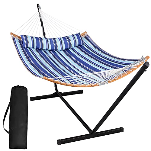 SUNCREAT Double Hammock with Stand Included, Portable Hammock with Stand and Large Pillow, Blue Stripes