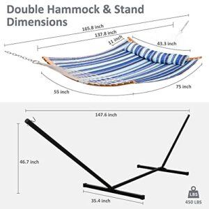 SUNCREAT Double Hammock with Stand Included, Portable Hammock with Stand and Large Pillow, Blue Stripes