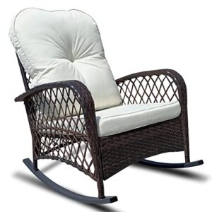 loochmee pe white rattan rocker chair,garden patio wicker rocking chair/furniture sets with white cushion,modern style for outdoor&indoor,comfy rocking motion (white)
