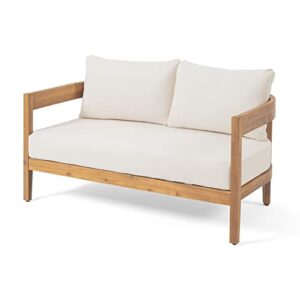 Christopher Knight Home Alina Outdoor Loveseat Set with Coffee Table, Teak Finish, Beige