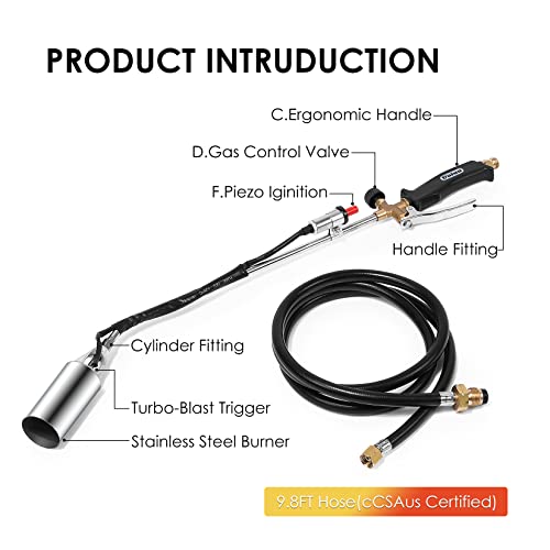 Propane Torch Weed Burner Propane Weed Torch with Turbo Trigger Push Button Igniter,Blow Torch High Output 800,000 BTU Heavy Duty Flamethrower with 9.8FT Hose for Garden Weeds,Ice Snow,Roof,Charcoal